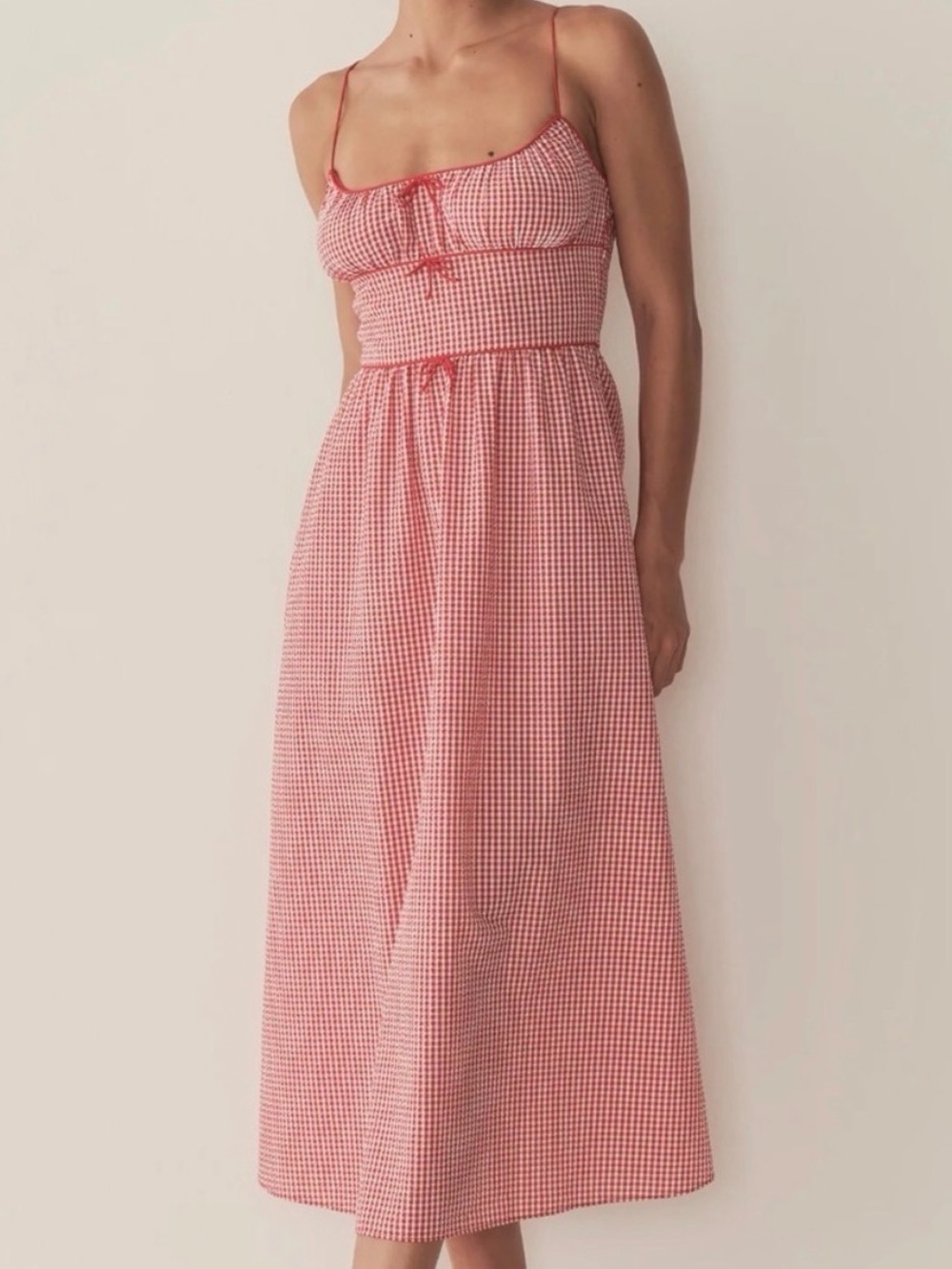 NWT Doen Red Gingham Spaghetti-Strap Midi Dress